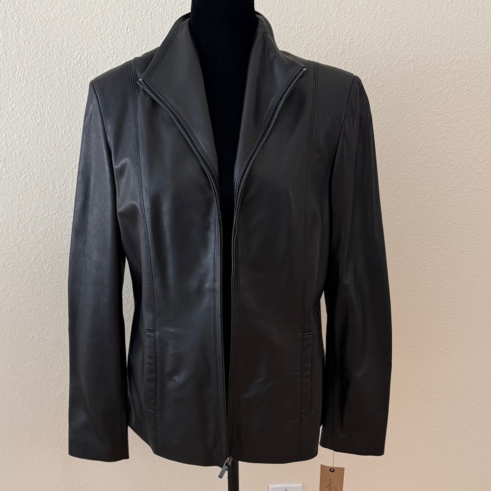 Cole Haan Women's Black Lambskin Zip Front Leather Jacket